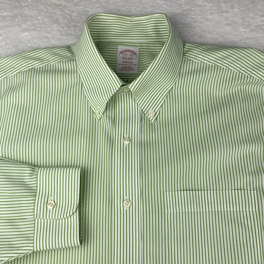 Brooks Brothers Dress Shirt Mens 16.5-34 Green/White Stripes Madison Fit No Iron